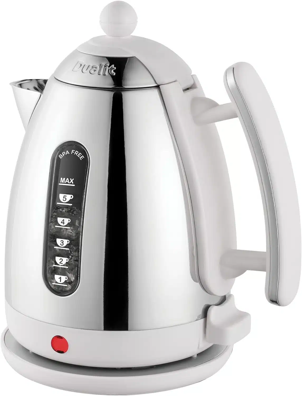 010 Dualit DA7205 1.5L Lite Jug Kettle in white with a sleek design and visible measurement window.