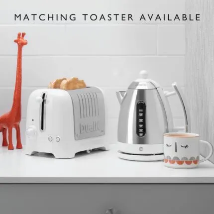 Dualit DA7205 1.5L Lite Jug Kettle in white next to matching toaster on kitchen counter.