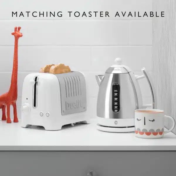 Dualit DA7205 1.5L Lite Jug Kettle in white next to matching toaster on kitchen counter.