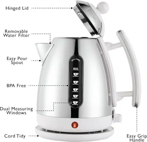 White Dualit DA7205 1.5L Lite Jug Kettle with labeled features like hinged lid and easy pour spout.