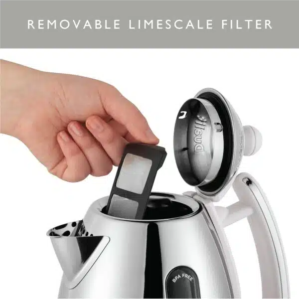 Close-up of a hand removing the limescale filter from a Dualit DA7205 1.5L Lite Jug Kettle in white.
