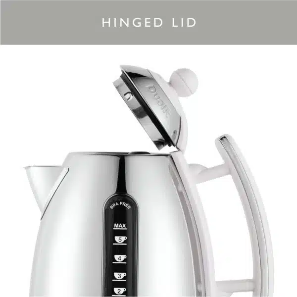 Dualit DA7205 1.5L Lite Jug Kettle in white with an open hinged lid, showcasing design and capacity markers.