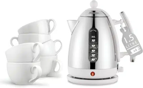 Dualit DA7205 1.5L Lite Jug Kettle in white with a stack of cups on the left side.