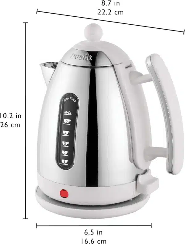 Dualit DA7205 1.5L Lite Jug Kettle in white, showing dimensions and control panel.