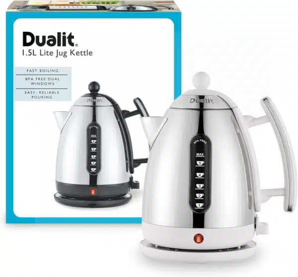 Dualit DA7205 1.5L Lite Jug Kettle in white, showing front and angled views with feature labels.
