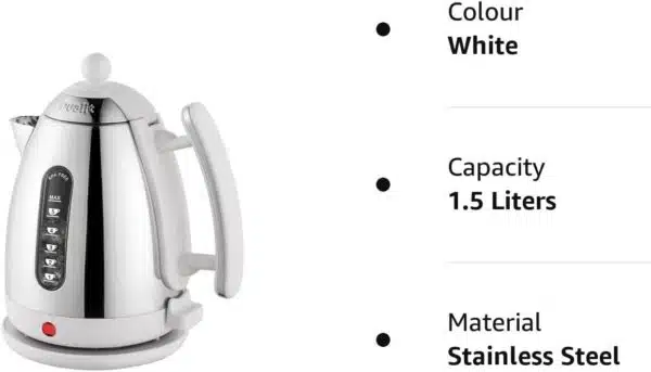 White Dualit DA7205 1.5L Lite Jug Kettle in stainless steel, side view with visible water level gauge.