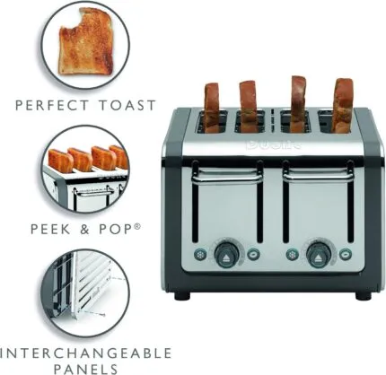 Dualit DA4526 4 Slot Architect Toaster Grey showcasing "Perfect Toast", "Peek & Pop" feature, and interchangeable panels.