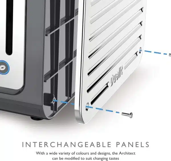Dualit DA4526 4 Slot Architect Toaster with interchangeable grey panels highlighted.