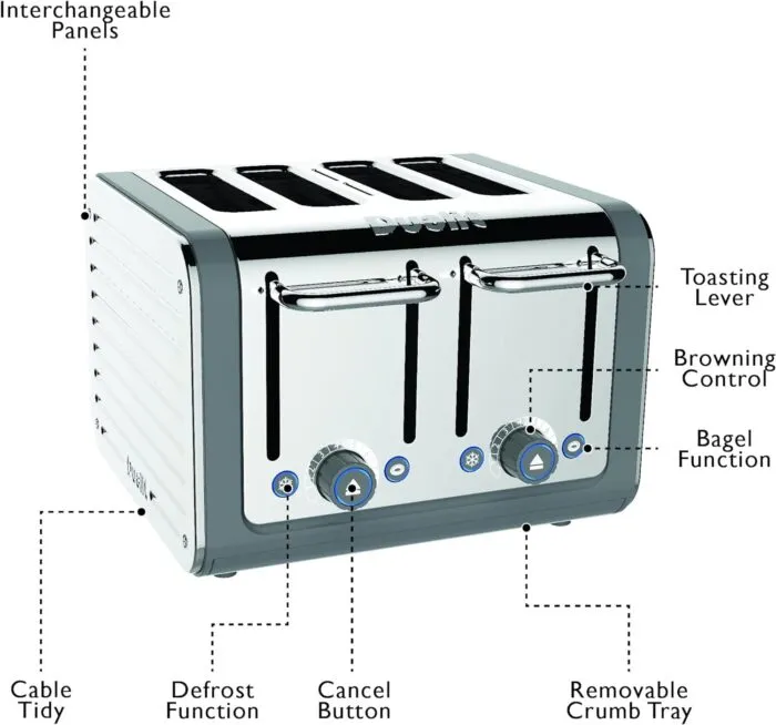 Dualit Da4526 4 Slot Architect Toaster with Labeled Features Like Defrost and Bagel Functions