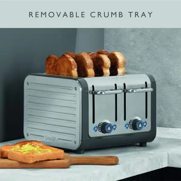 Dualit DA4526 4 Slot Architect Toaster in grey, with removable crumb tray feature highlighted, toasting bread.