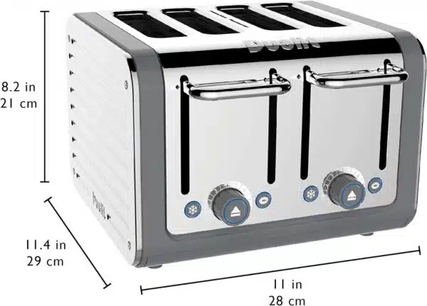 Dualit DA4526 4 Slot Architect Toaster in grey, showing size dimensions.