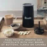 Dualit Handheld Milk Frother and Hot Chocolate Maker on a Kitchen Counter with Ingredients for Hot Chocolate
