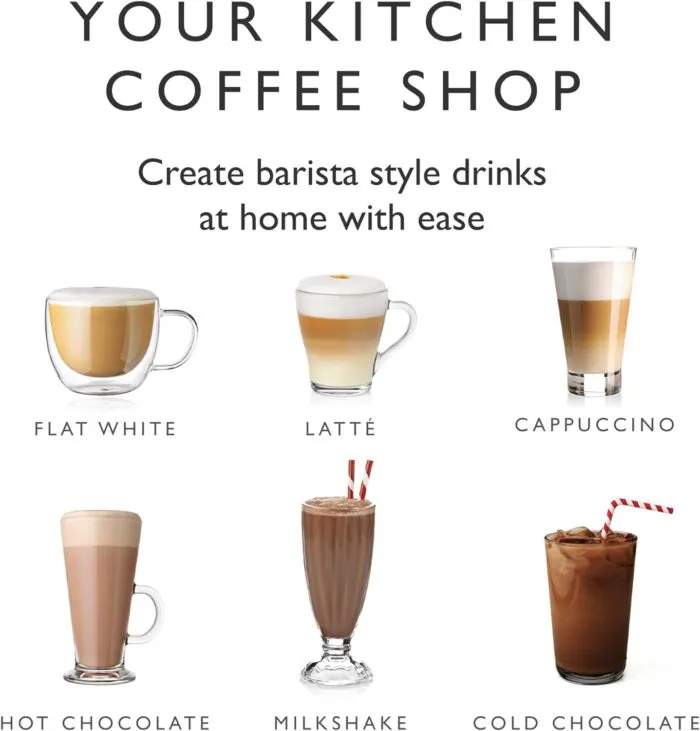 Various Coffee Shop Drinks Made at Home Using the Dualit Milk Frother Including Lattes and Hot Chocolate