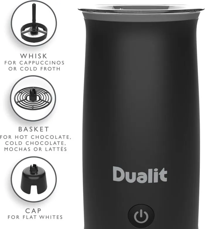 Dualit Da8414 Milk Frother and Hot Chocolate Maker with Labeled Whisk Basket and Cap Attachments