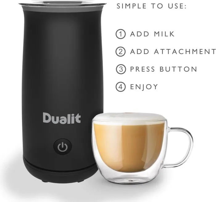 Dualit Handheld Milk Frother Next to a Cup of Cappuccino with Usage Steps Listed