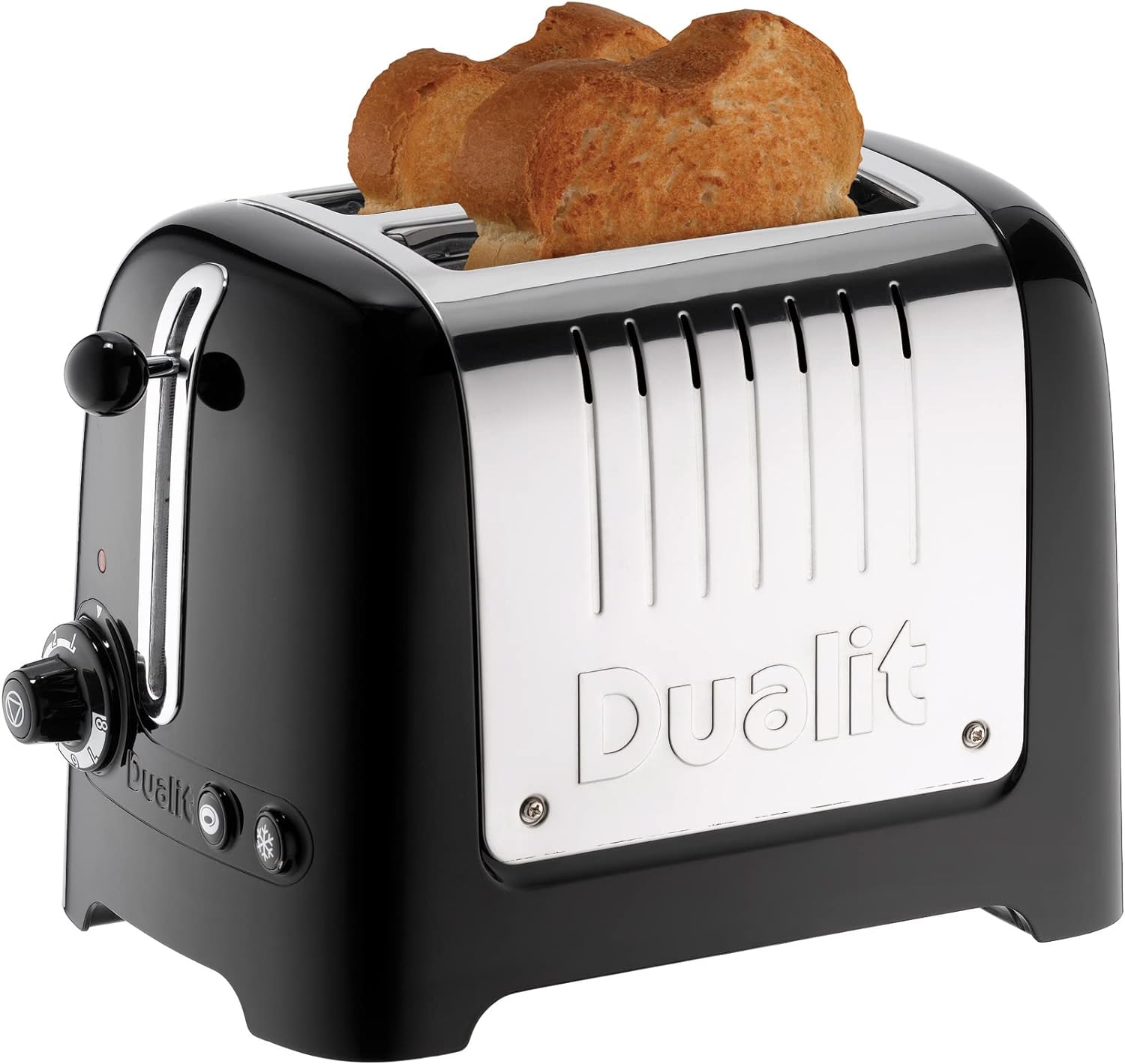 040 Dualit DA2625 2 Slice Lite Toaster in High Gloss Black with toast.