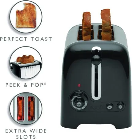 Dualit DA2625 2 Slice Lite Toaster in high gloss black, showing toast, peek and pop feature, and extra wide slots.