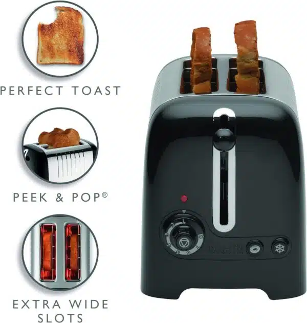 Dualit DA2625 2 Slice Lite Toaster in high gloss black, showing toast, peek and pop feature, and extra wide slots.