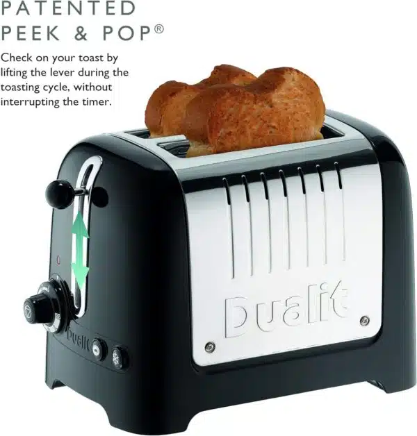 Dualit DA2625 2 Slice Lite Toaster in High Gloss Black, featuring bread with "Peek & Pop" function.