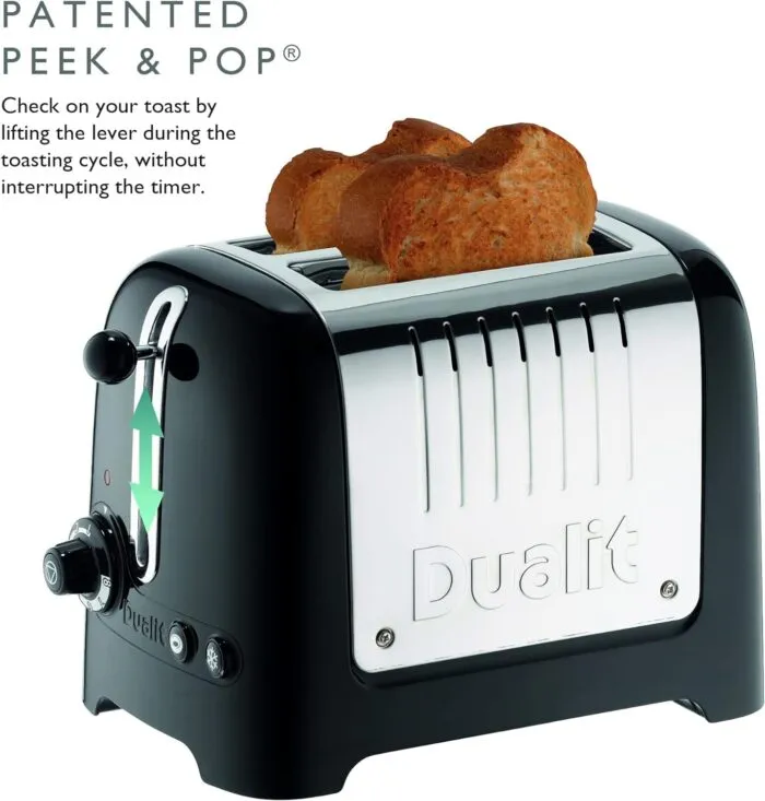 Dualit Da2625 2 Slice Lite Toaster in High Gloss Black Featuring Bread with peek & Pop Function