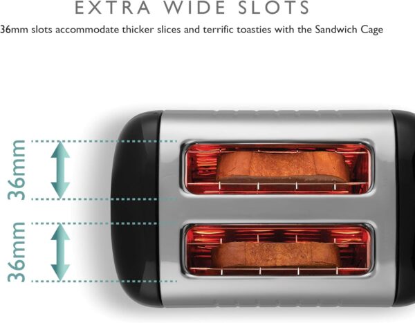 Dualit DA2625 2 Slice Lite Toaster in high gloss black, highlighting extra wide slots with bread slices.