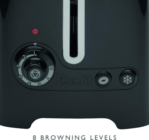 Close-up of Dualit DA2625 2 Slice Lite Toaster in black, focusing on browning control knob.