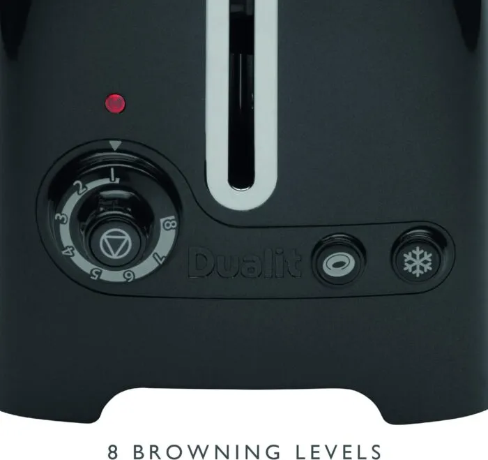 Close up of Dualit Da2625 2 Slice Lite Toaster in Black Focusing on Browning Control Knob