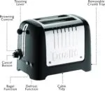 Dualit Da2625 2 Slice Lite Toaster in High Gloss Black with Labeled Functions and Controls
