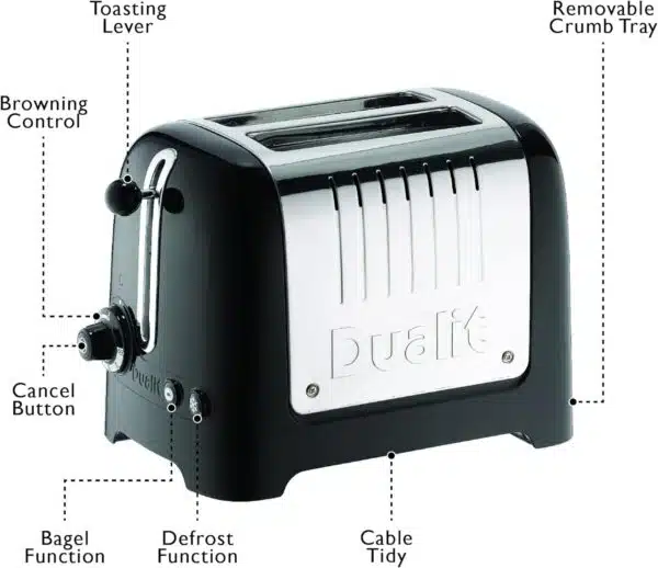 Dualit DA2625 2 Slice Lite Toaster in high gloss black with labeled functions and controls.