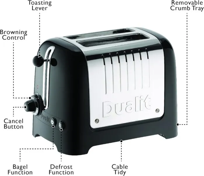Dualit Da2625 2 Slice Lite Toaster in High Gloss Black with Labeled Functions and Controls