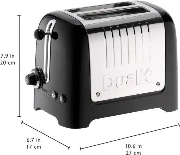 Dualit DA2625 2 Slice Lite Toaster in high gloss black with dimensions displayed.