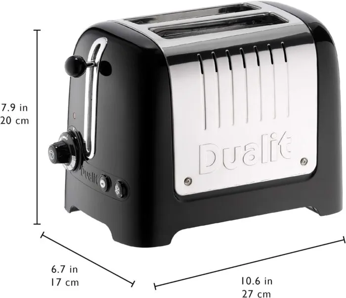 Dualit Da2625 2 Slice Lite Toaster in High Gloss Black with Dimensions Displayed