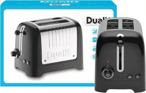 Dualit DA2625 2 Slice Lite Toaster in high gloss black, frontal and angled views shown.