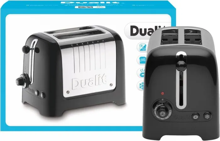 Dualit Da2625 2 Slice Lite Toaster in High Gloss Black Frontal and Angled Views Shown