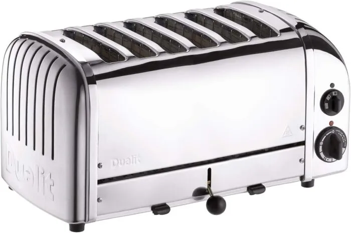 Dualit Da0144 6 slot Polished Stainless Steel Toaster on a White Background
