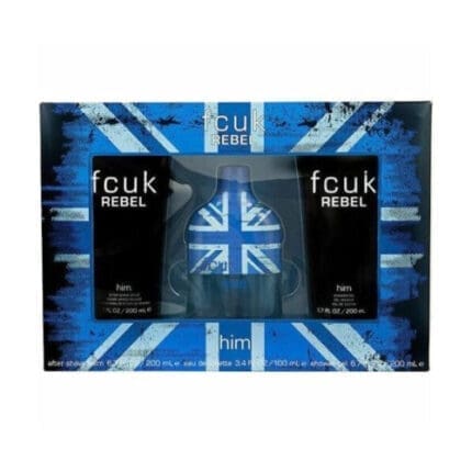Fcuk rebel for him gift set 100ml edt 200ml shower gel 200ml aftershave balm