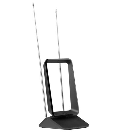 One For All SV9405 indoor aerial with dual extending antennas and tiltable passive filter base on a white background.