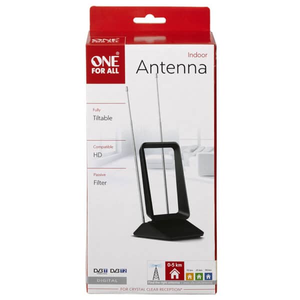 One For All SV9405 tiltable indoor antenna packaging, highlighting features like HD compatibility and passive filter.