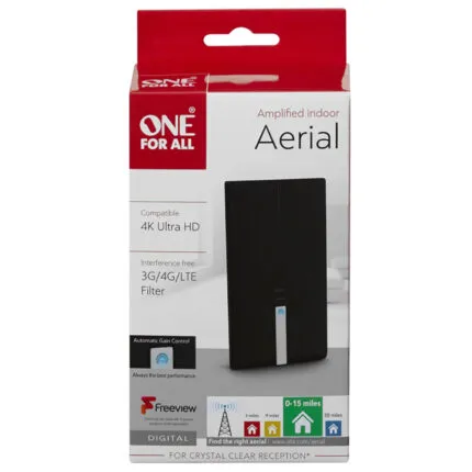 One For All SV9425 Amplified Indoor Aerial 44dB in packaging, highlighted features for crystal clear reception.