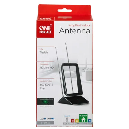 One For All SV9465 indoor antenna in packaging, highlighting tiltable design and 4K Ultra HD compatibility.