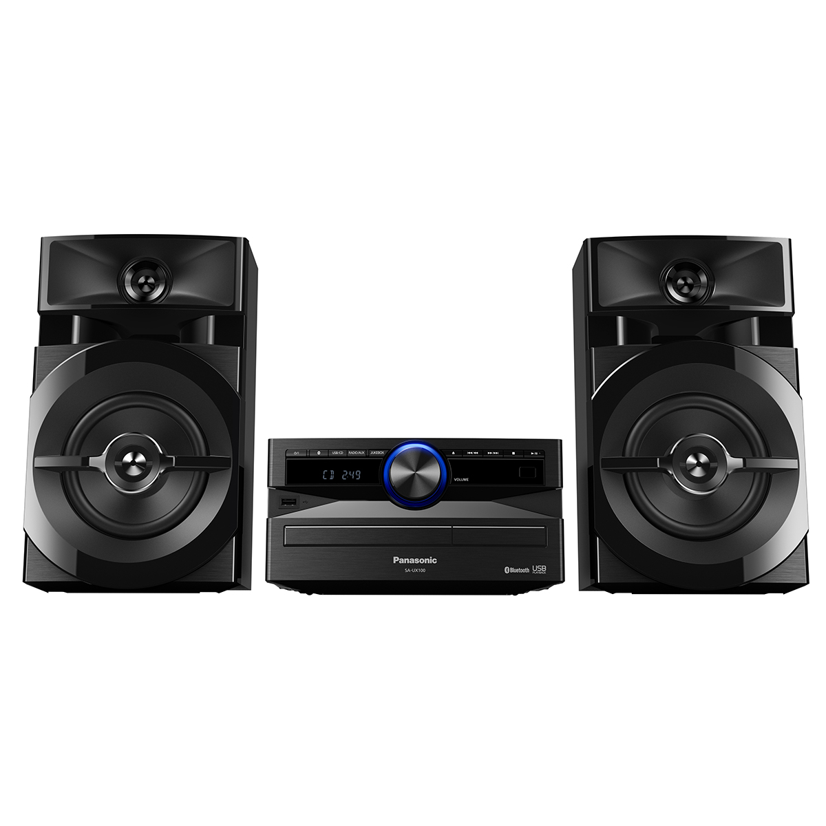 Panasonic 300W Megasound Party Hi-FI System Bluetooth, CD, FM Radio - Black Panasonic SCUK100EK 300W Megasound Party Hi-FI System Bluetooth, CD, FM Radio - Black - Image 1