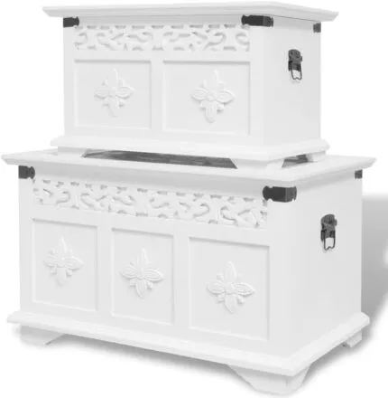 vidaXL Two Piece Storage Chest Set White with Hand-Carved Details