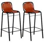 Two Vidaxl Bar Stools with Black Metal Frames and Brown Real Leather Seats