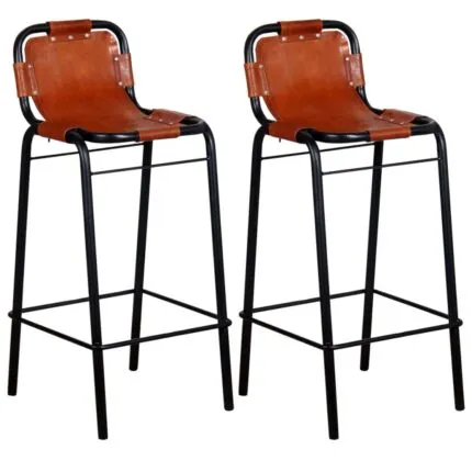 Two vidaXL bar stools with black metal frames and brown real leather seats.