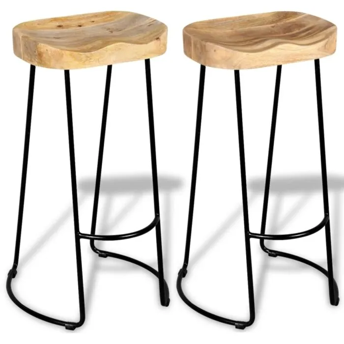 Two Vidaxl Bar Stools with Solid Mango Wood Seats and Black Metal Legs