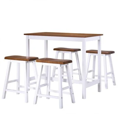 vidaXL bar table and four stools set, solid wood with white legs and brown seats.