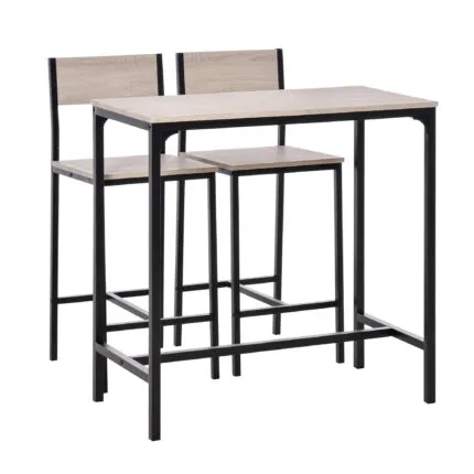 HOMCOM metal frame table and bar stool set with MDF top in black, featuring two stools tucked under the table.