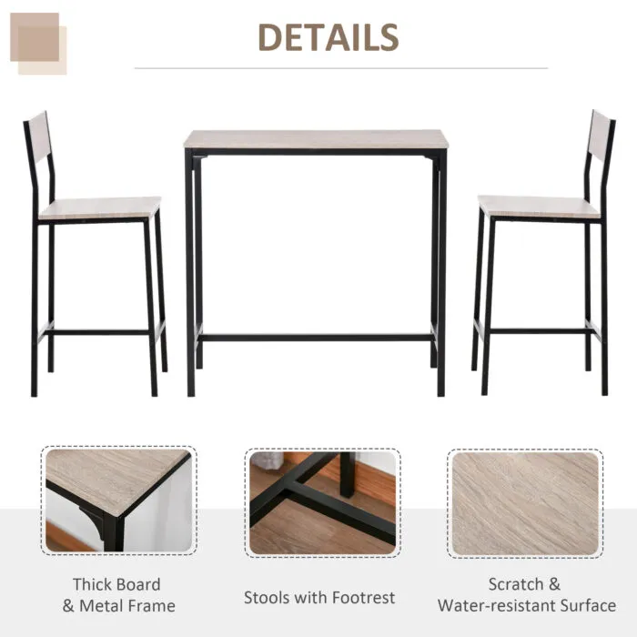 Homcom Table and Bar Stool Set with Thick Mdf Top Metal Frame Footrests Scratch resistant Surface