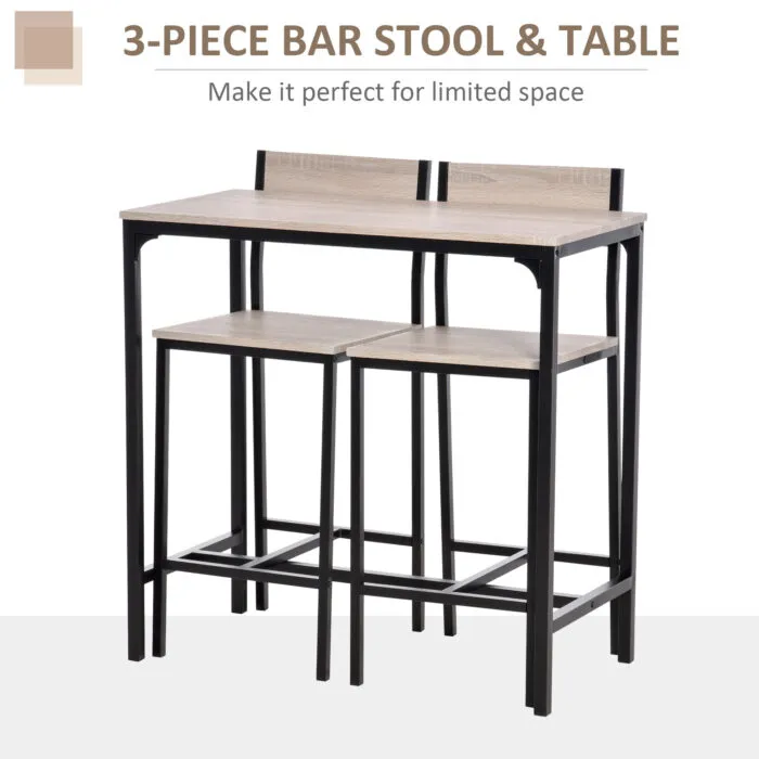 Homcom 3 piece Bar Set with Black Metal Frame and Mdf Wood Surface Ideal for Small Spaces