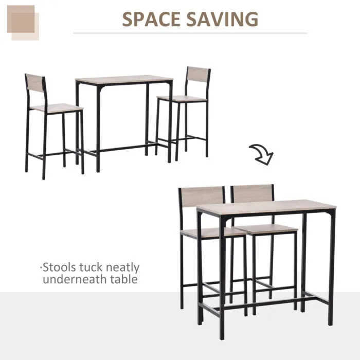 Homcom Table and Bar Stool Set Black Metal Frame with Mdf Top Stools Tuck Neatly Under the Table